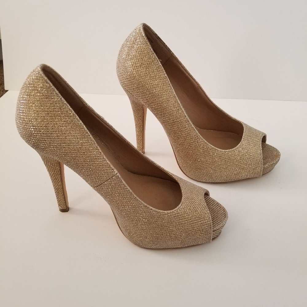 Diba London Gold Glitter Slip-On Open Toe Platform Heels (size 7)